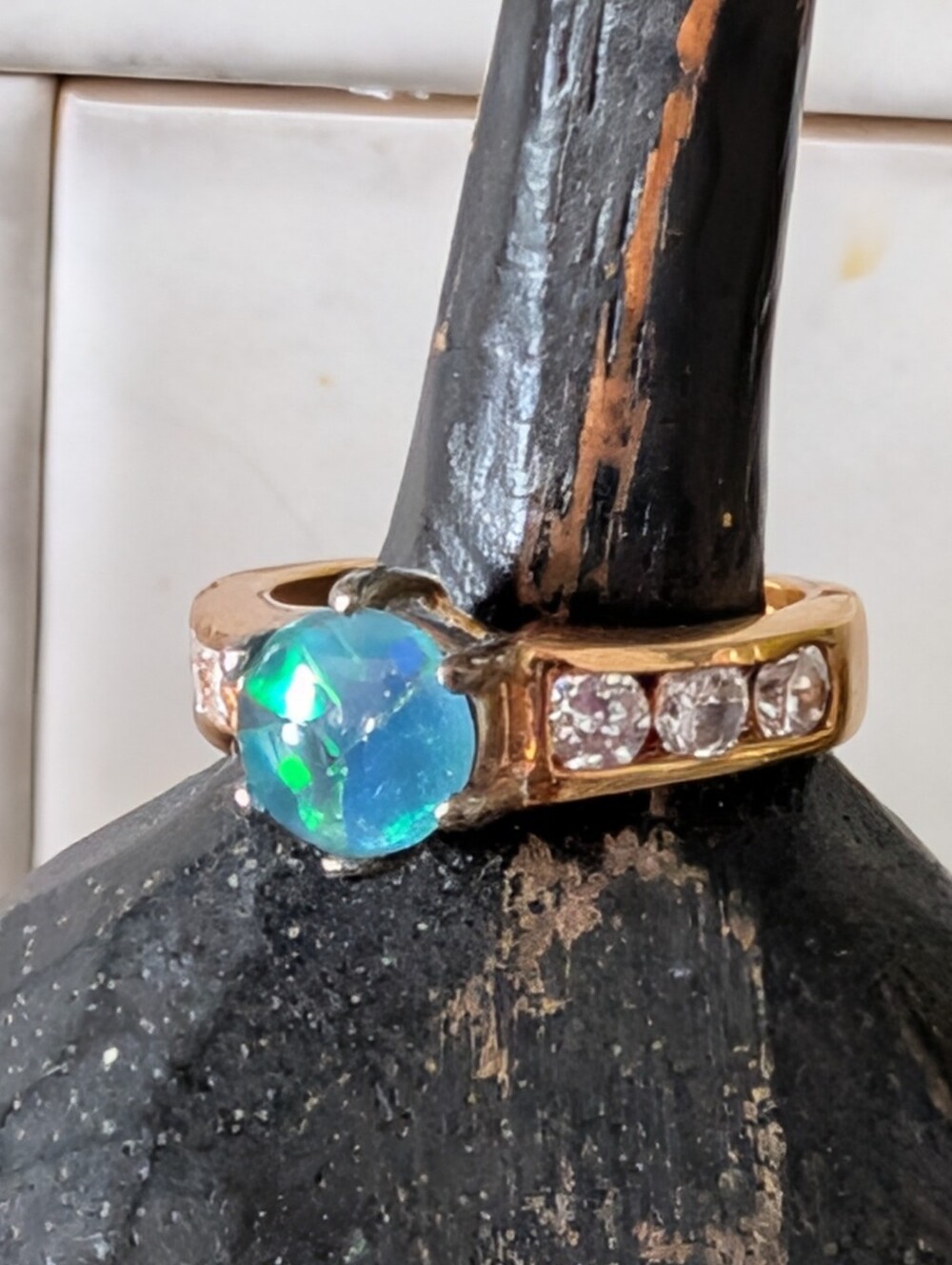 Green, Blue Faux Opal Size 5 Ring Gold Tone Setting